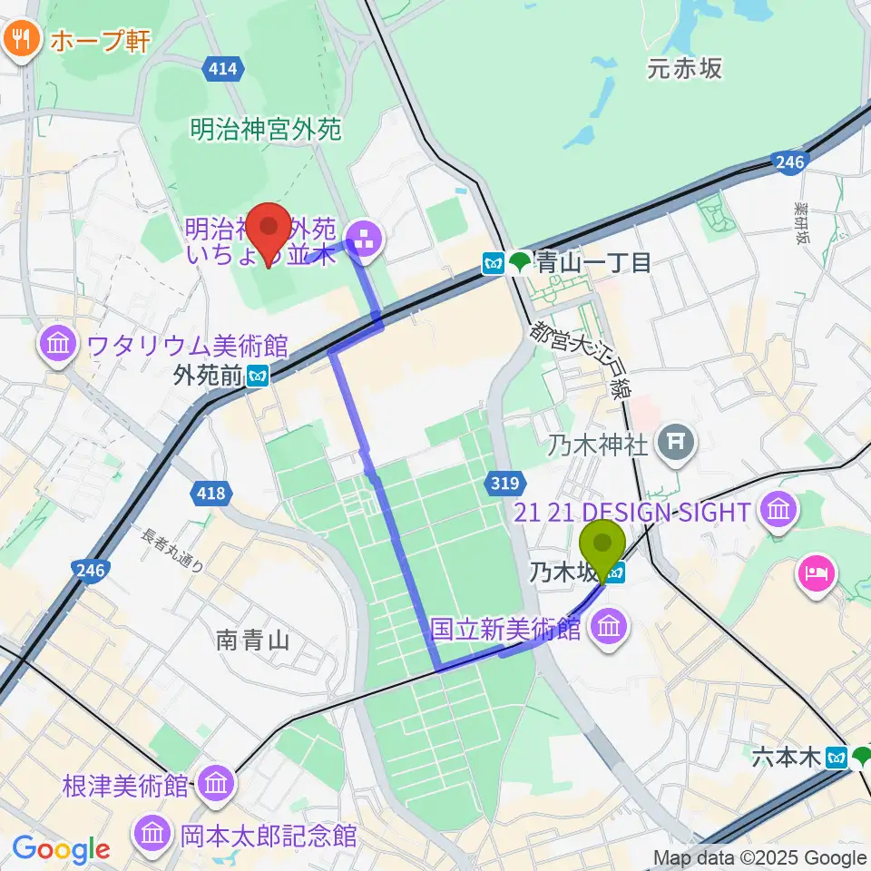 乃木坂駅から秩父宮ラグビー場へのルートマップ地図