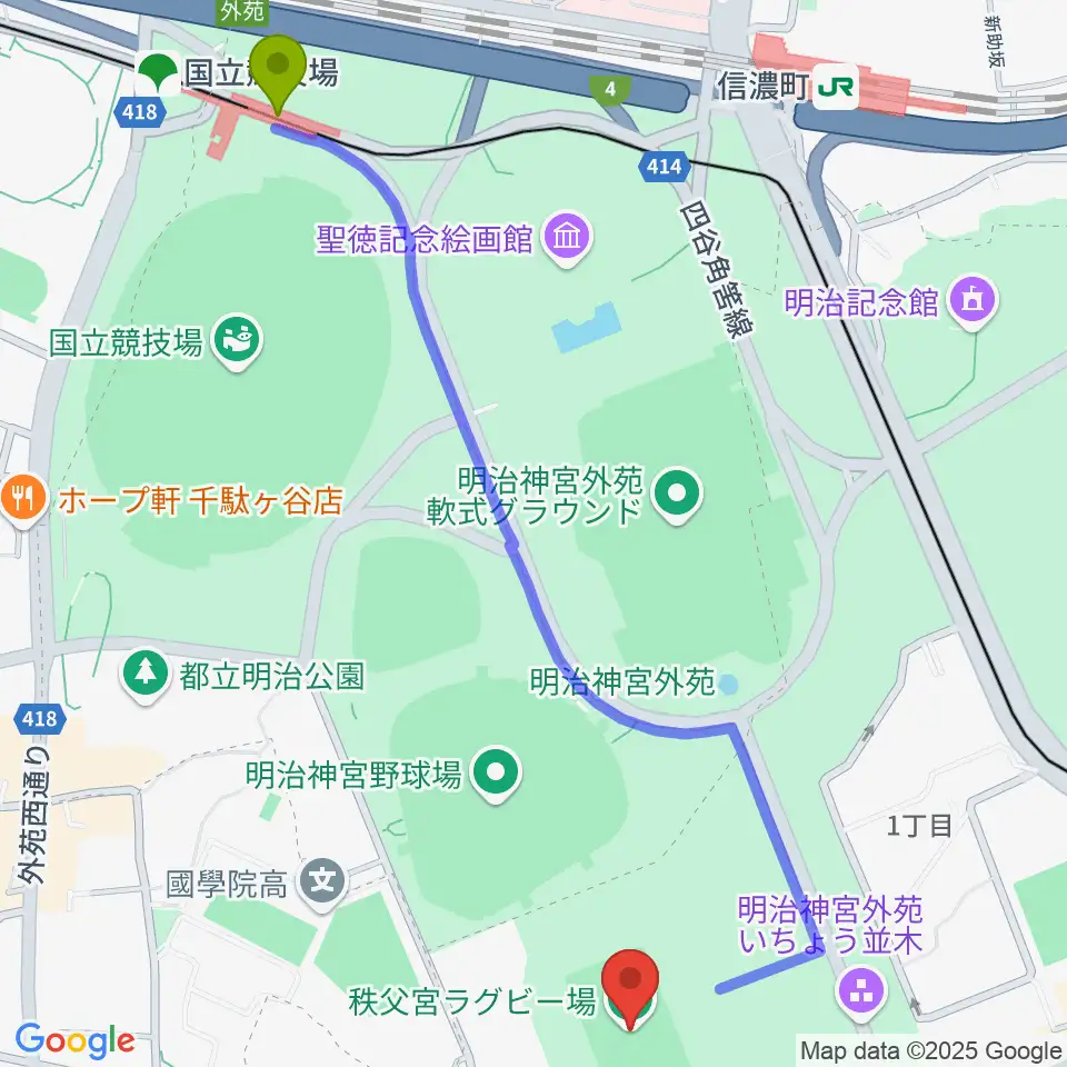 国立競技場駅から秩父宮ラグビー場へのルートマップ地図