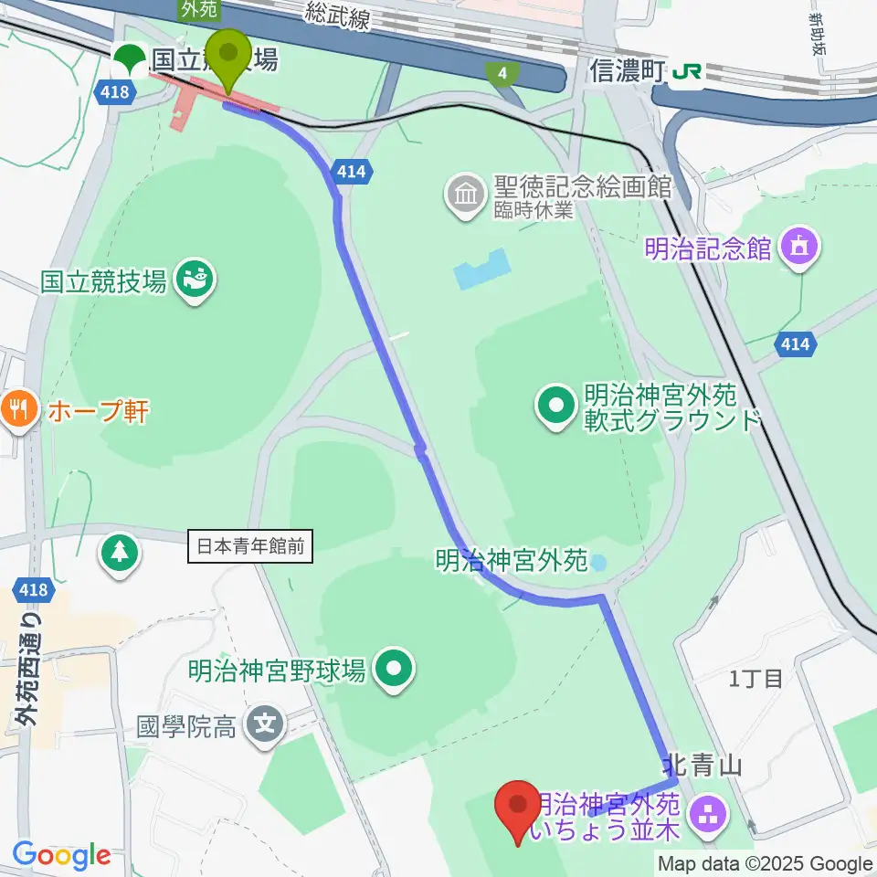国立競技場駅から秩父宮ラグビー場へのルートマップ地図