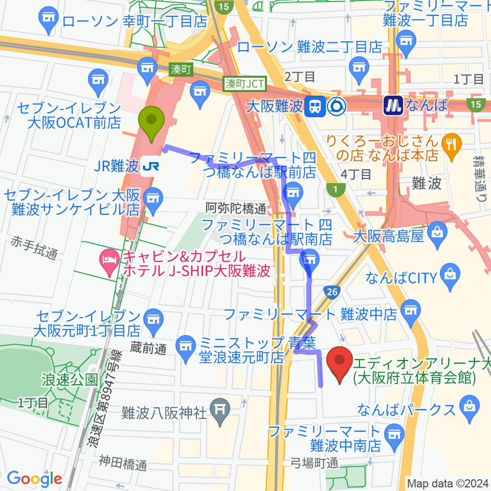 ＪＲ難波駅からエディオンアリーナ大阪へのルートマップ地図