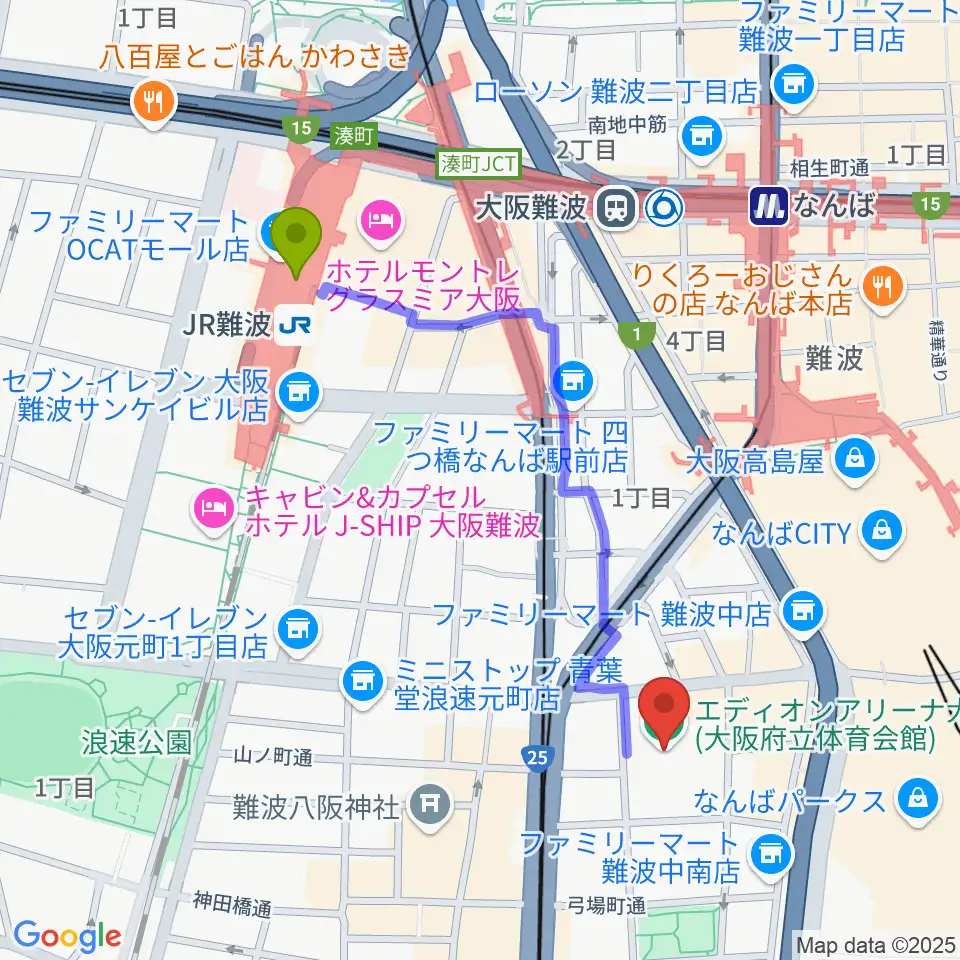 ＪＲ難波駅からエディオンアリーナ大阪へのルートマップ地図