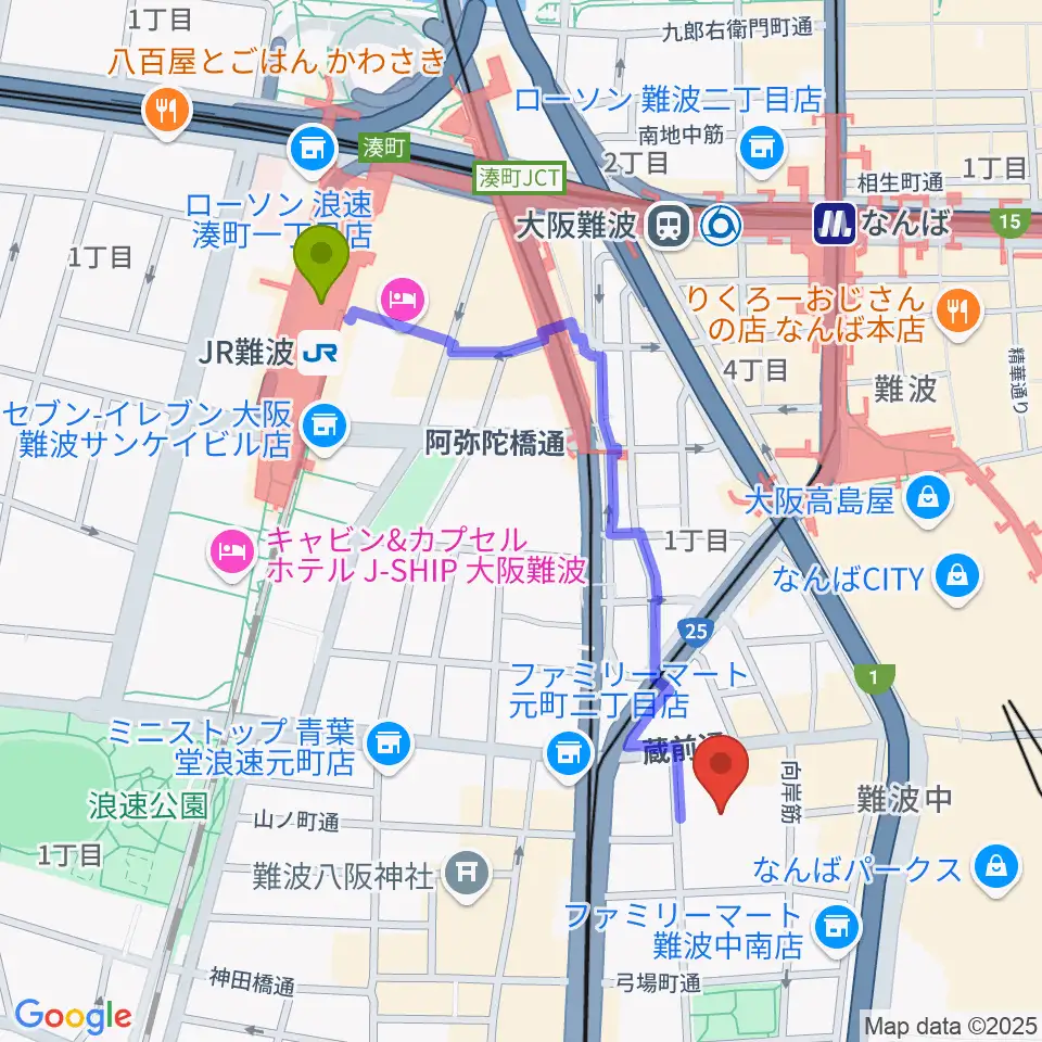 ＪＲ難波駅からエディオンアリーナ大阪へのルートマップ地図