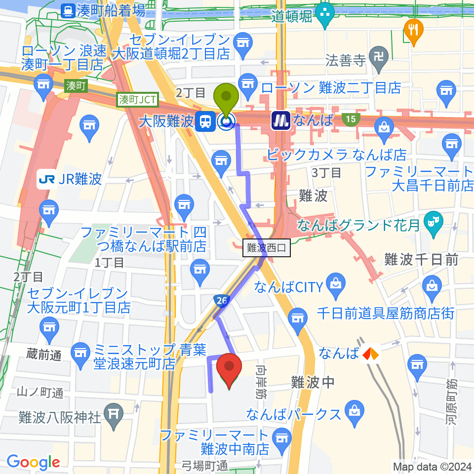 大阪難波駅からエディオンアリーナ大阪へのルートマップ地図