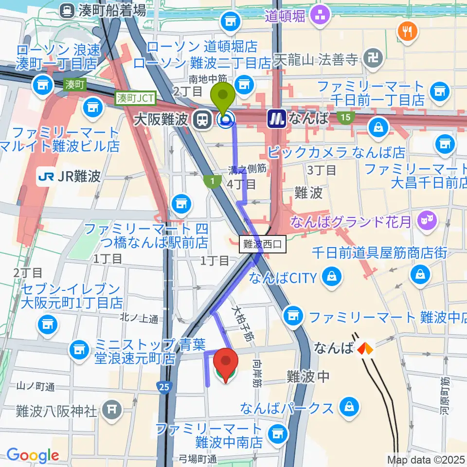 大阪難波駅からエディオンアリーナ大阪へのルートマップ地図