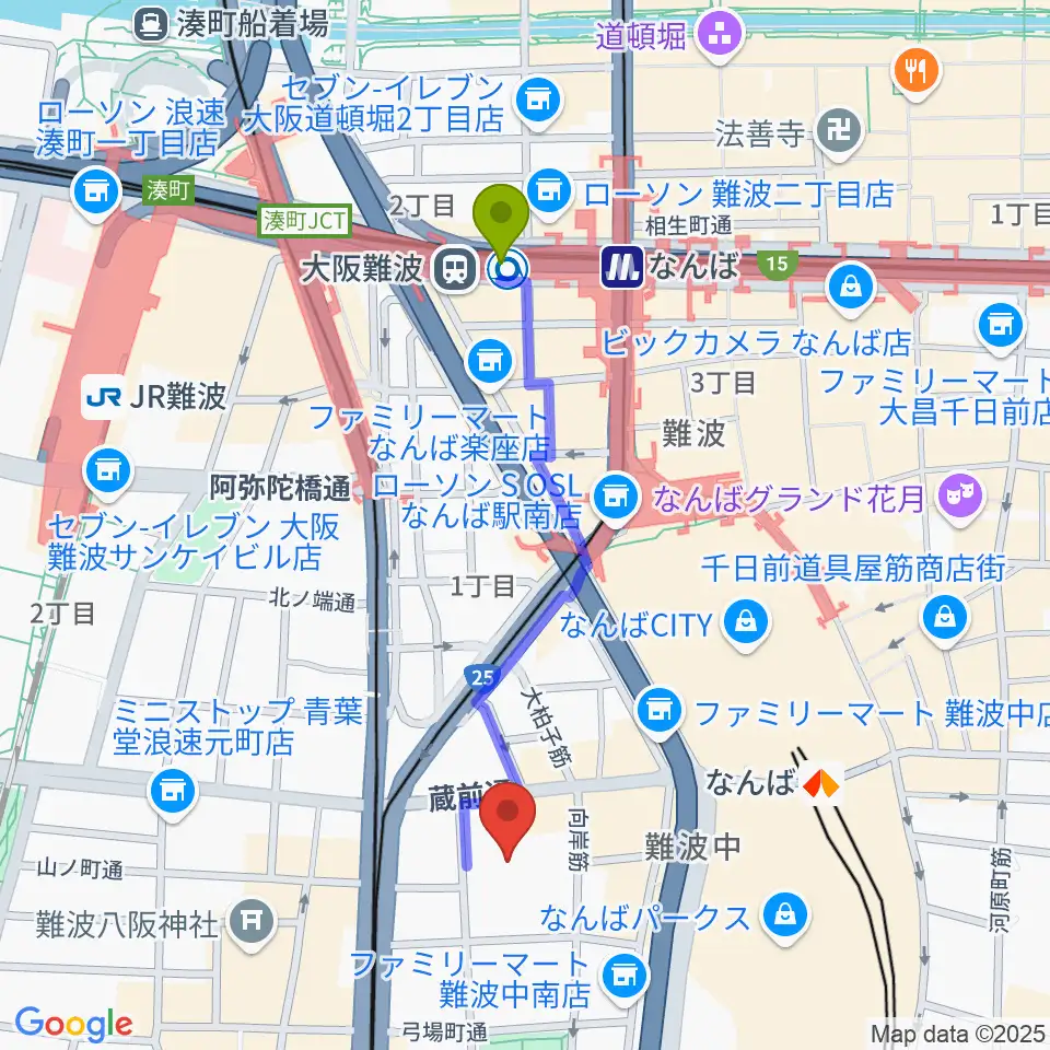 大阪難波駅からエディオンアリーナ大阪へのルートマップ地図