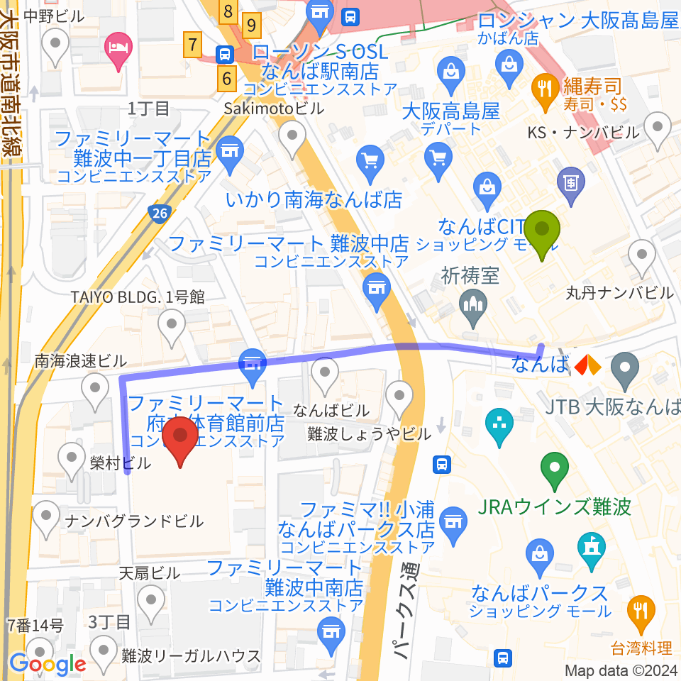 エディオンアリーナ大阪の最寄駅難波駅からの徒歩ルート（約5分）地図