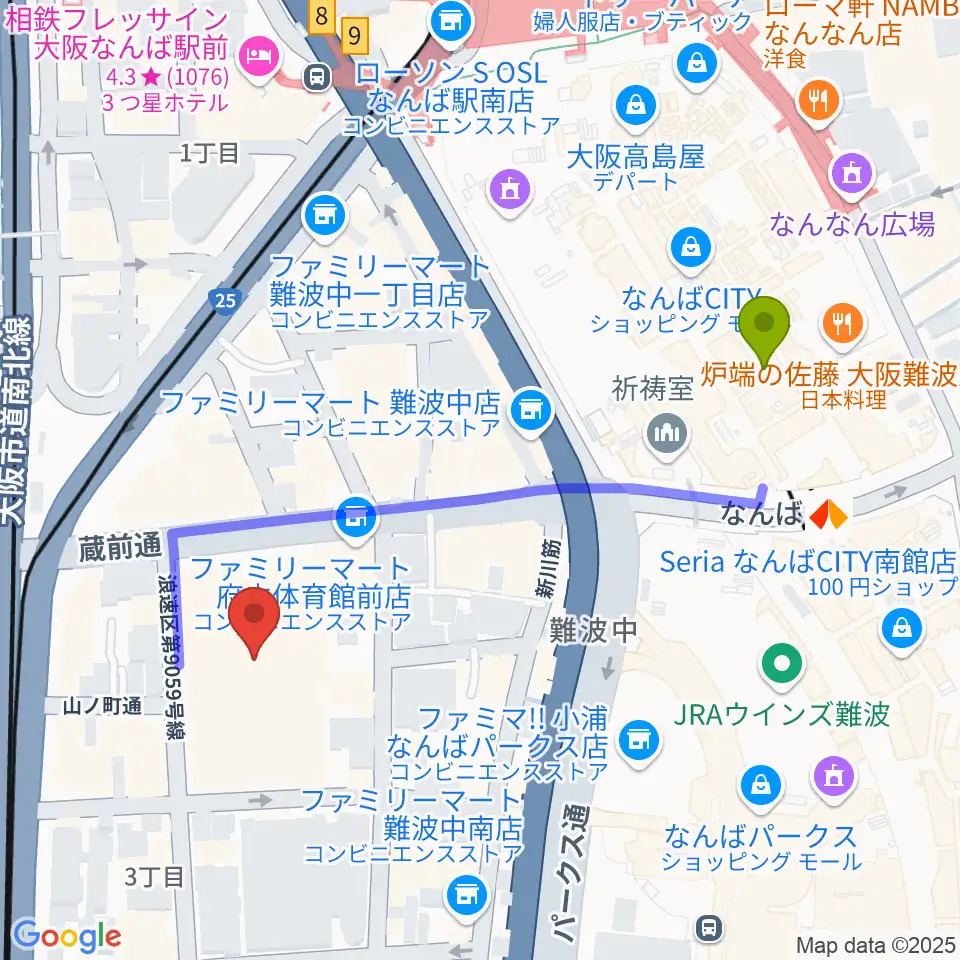 エディオンアリーナ大阪の最寄駅難波駅からの徒歩ルート（約5分）地図