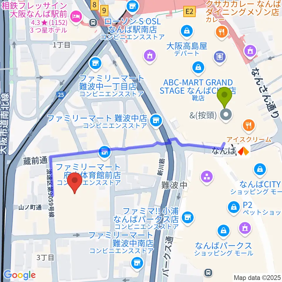 エディオンアリーナ大阪の最寄駅難波駅からの徒歩ルート（約5分）地図