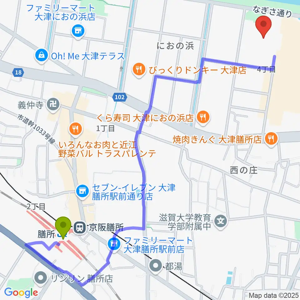 膳所駅からウカルちゃんアリーナへのルートマップ地図