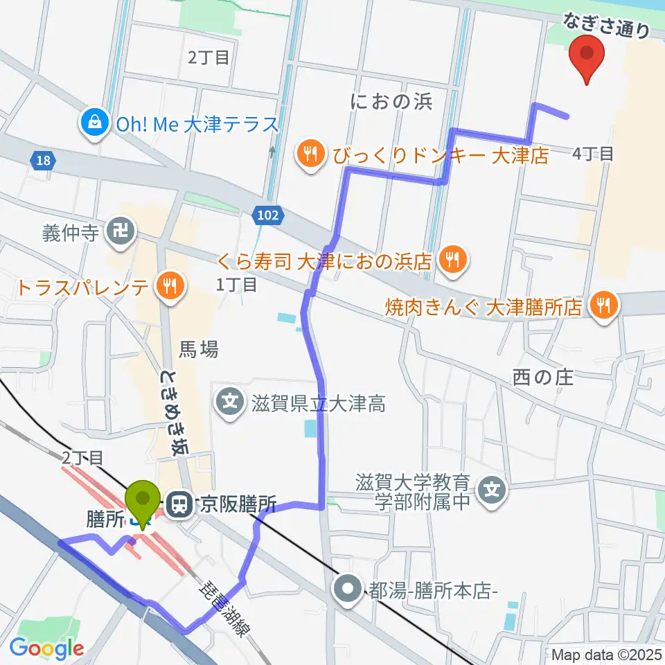 膳所駅からウカルちゃんアリーナへのルートマップ地図