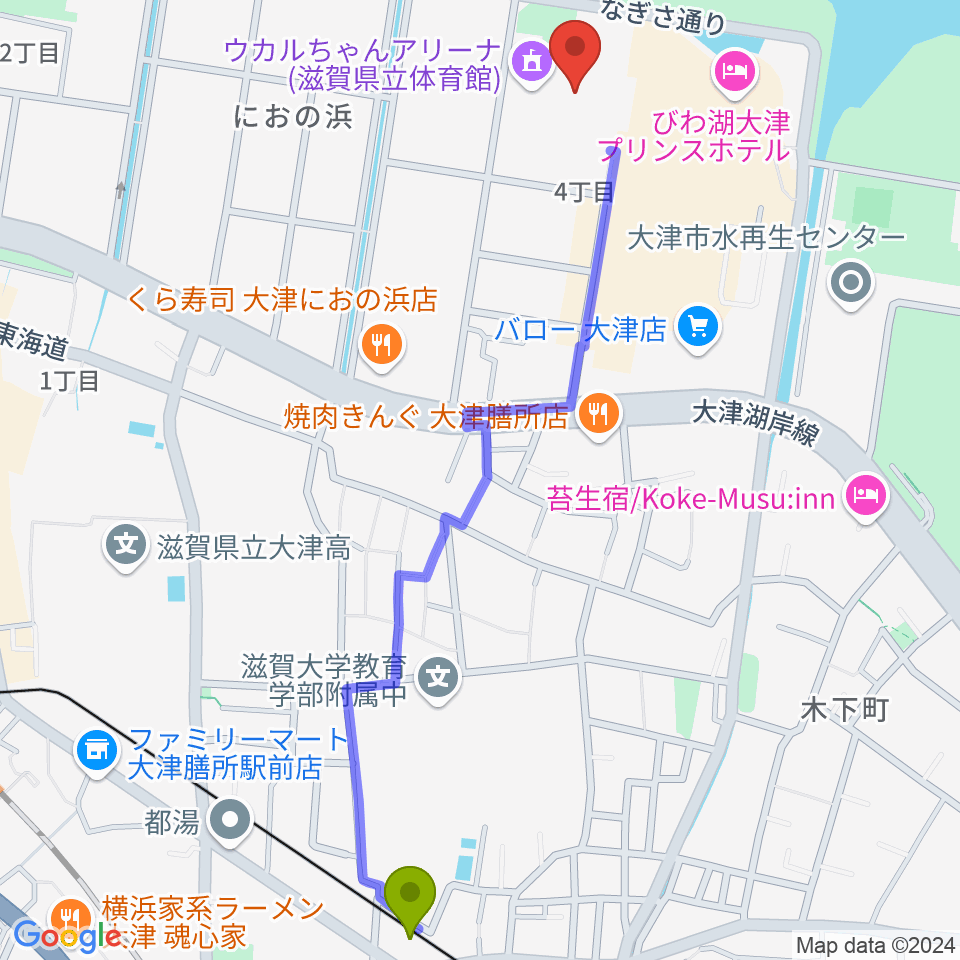 ウカルちゃんアリーナ 滋賀県立体育館の最寄駅錦駅からの徒歩ルート（約14分）地図