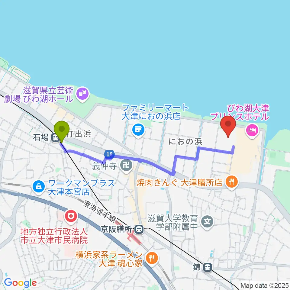 石場駅からウカルちゃんアリーナへのルートマップ地図