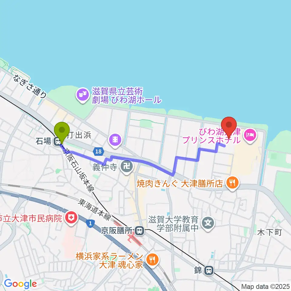 石場駅からウカルちゃんアリーナへのルートマップ地図
