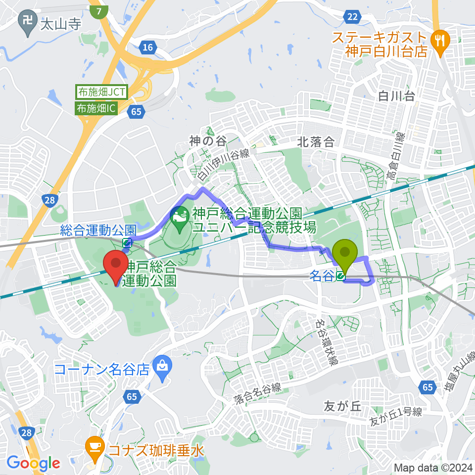 名谷駅からグリーンアリーナ神戸へのルートマップ地図