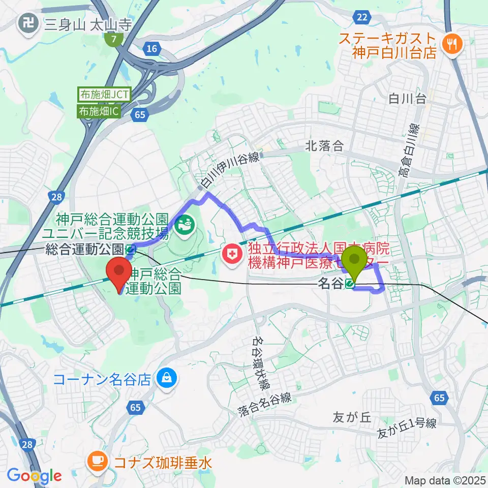 名谷駅からグリーンアリーナ神戸へのルートマップ地図