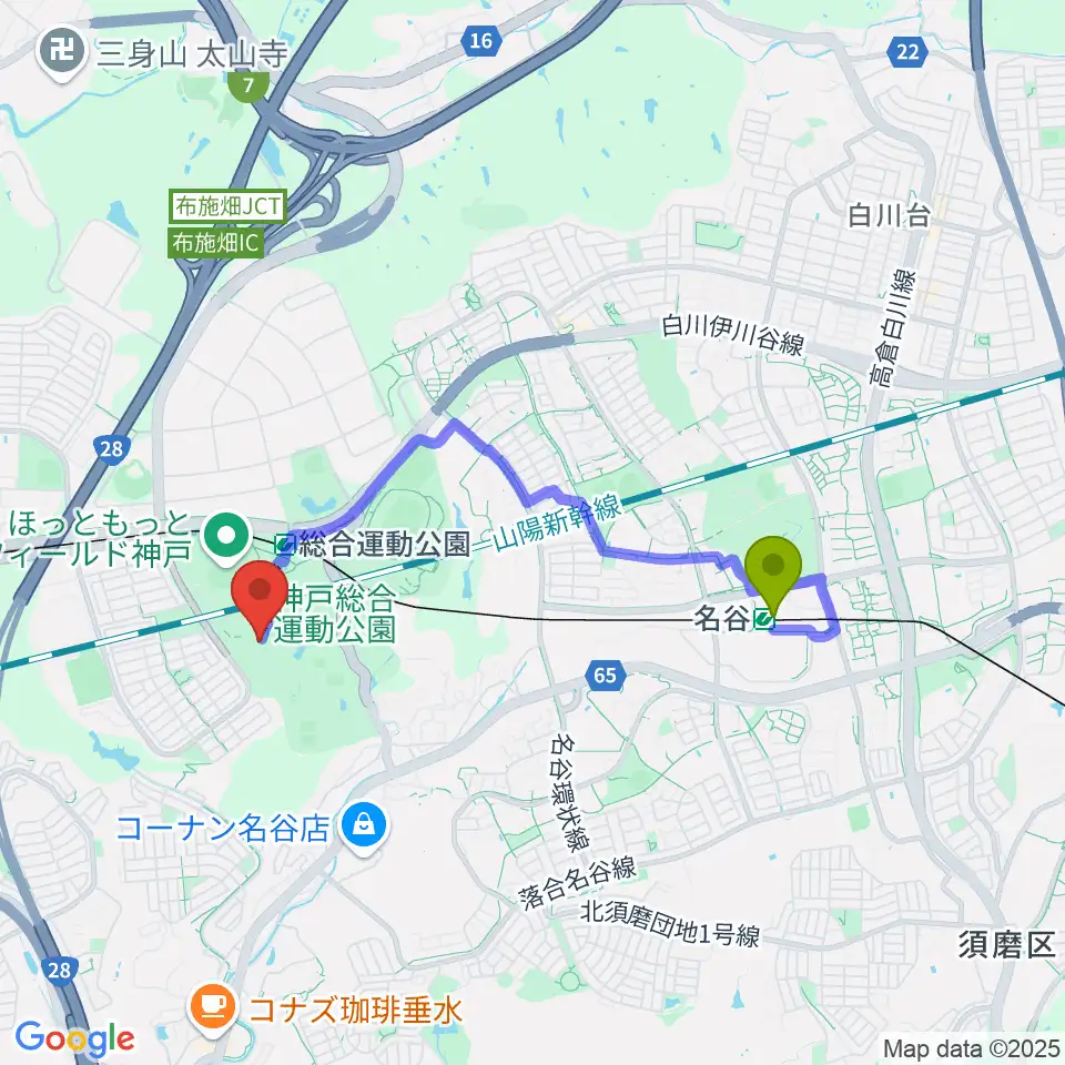 名谷駅からグリーンアリーナ神戸へのルートマップ地図