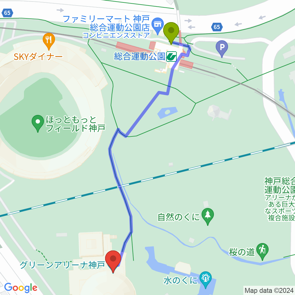 グリーンアリーナ神戸の最寄駅総合運動公園駅からの徒歩ルート（約6分）地図