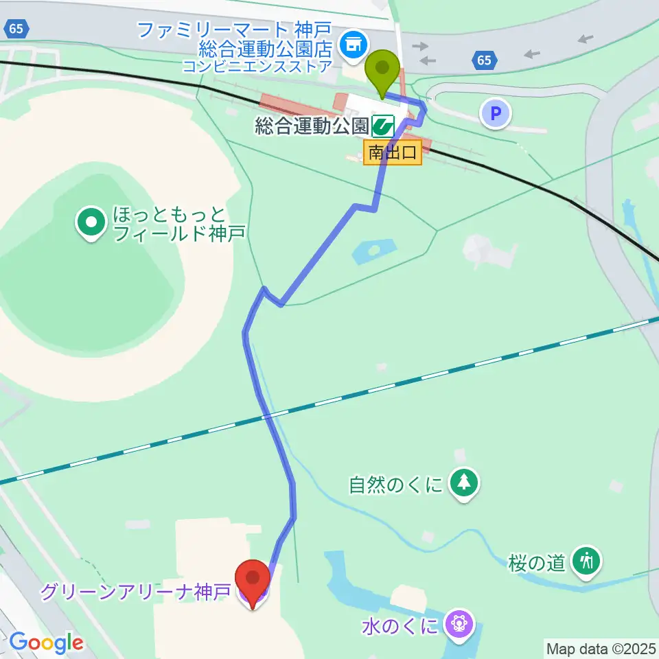 グリーンアリーナ神戸の最寄駅総合運動公園駅からの徒歩ルート（約6分）地図