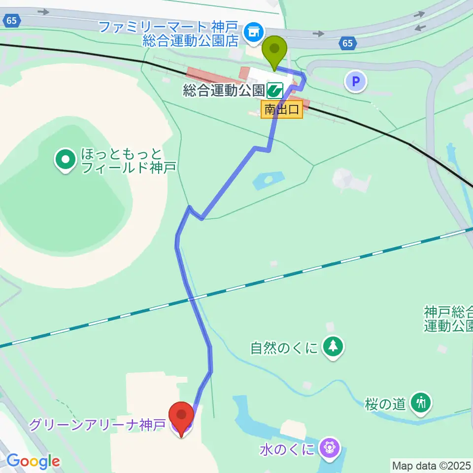 グリーンアリーナ神戸の最寄駅総合運動公園駅からの徒歩ルート（約6分）地図