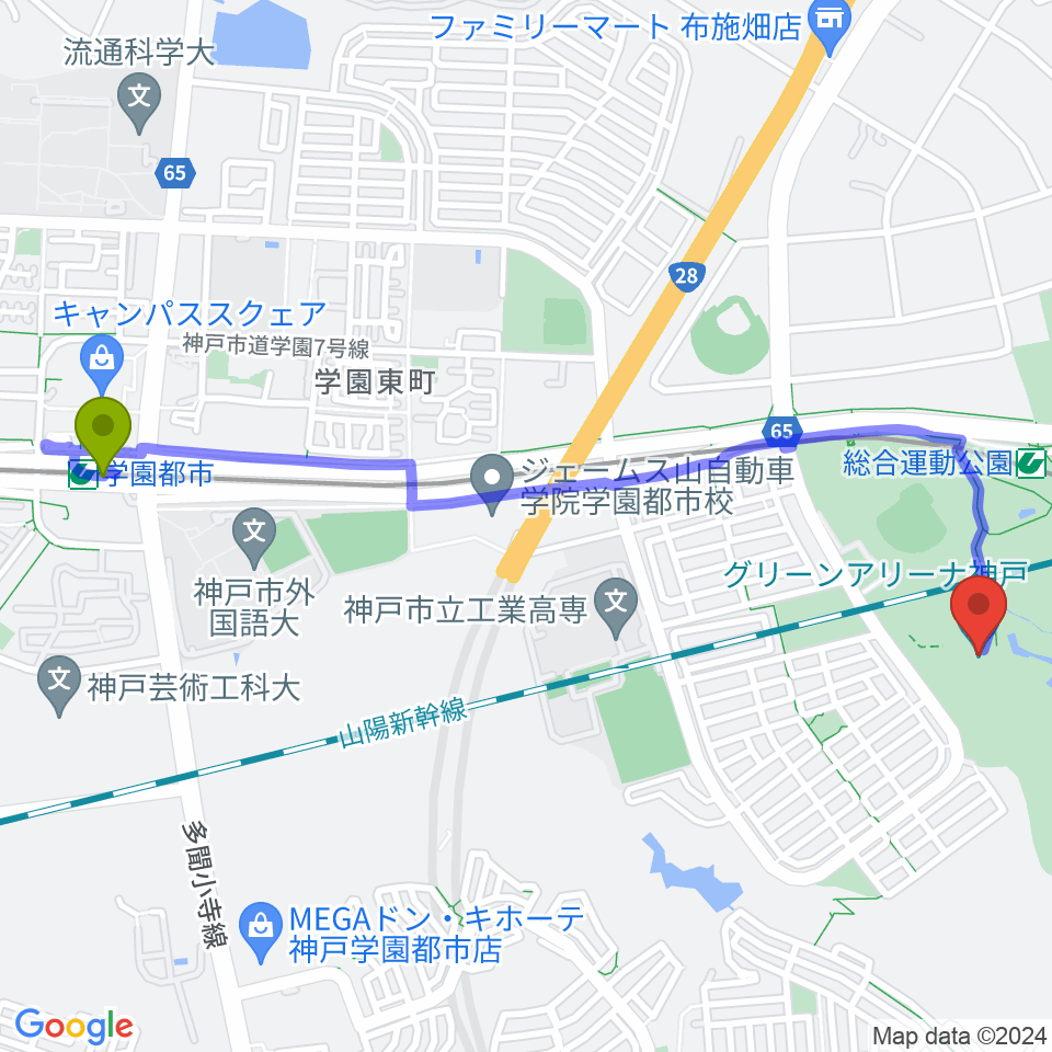 学園都市駅からグリーンアリーナ神戸へのルートマップ地図