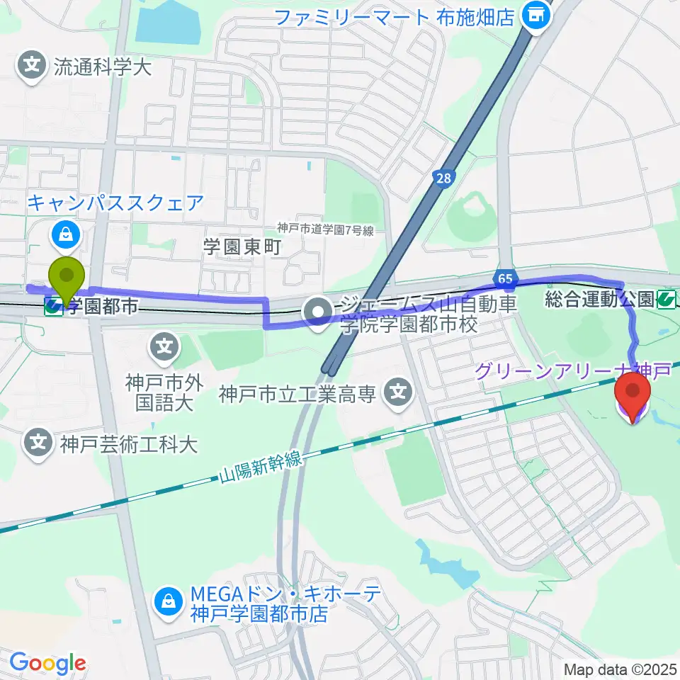 学園都市駅からグリーンアリーナ神戸へのルートマップ地図