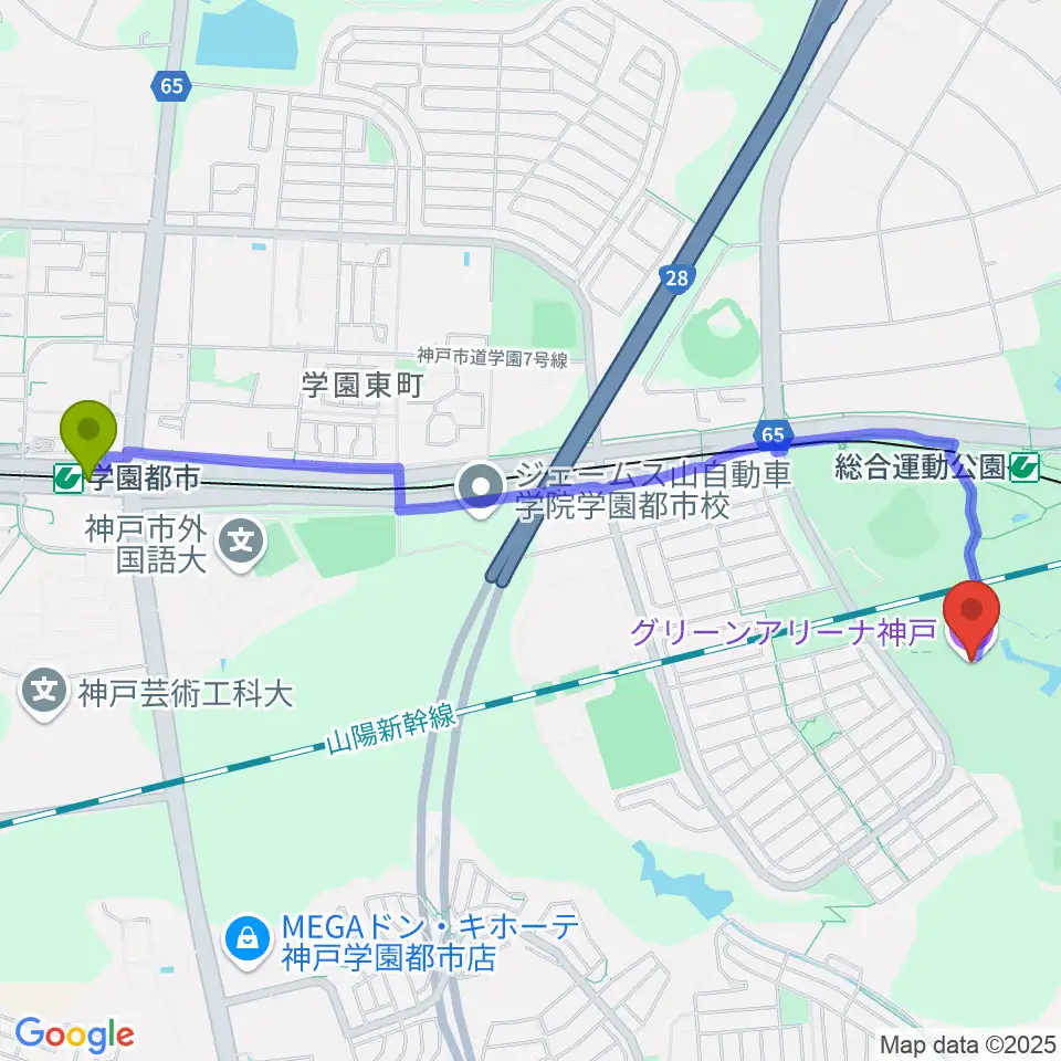 学園都市駅からグリーンアリーナ神戸へのルートマップ地図