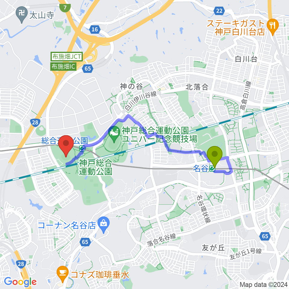 名谷駅からほっともっとフィールド神戸へのルートマップ地図