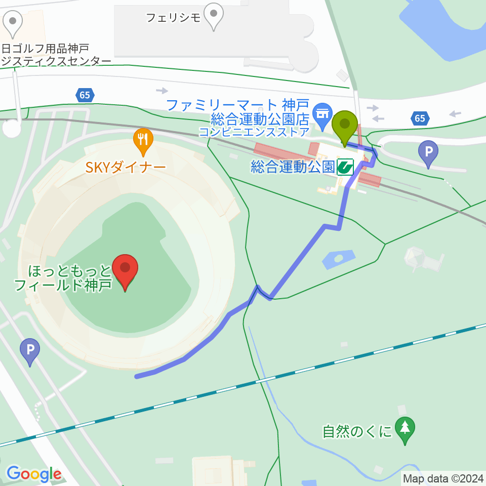 ほっともっとフィールド神戸の最寄駅総合運動公園駅からの徒歩ルート（約4分）地図