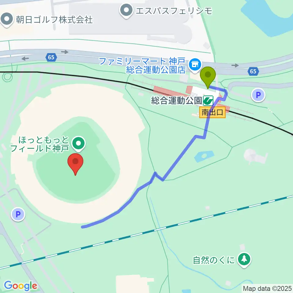ほっともっとフィールド神戸の最寄駅総合運動公園駅からの徒歩ルート（約4分）地図