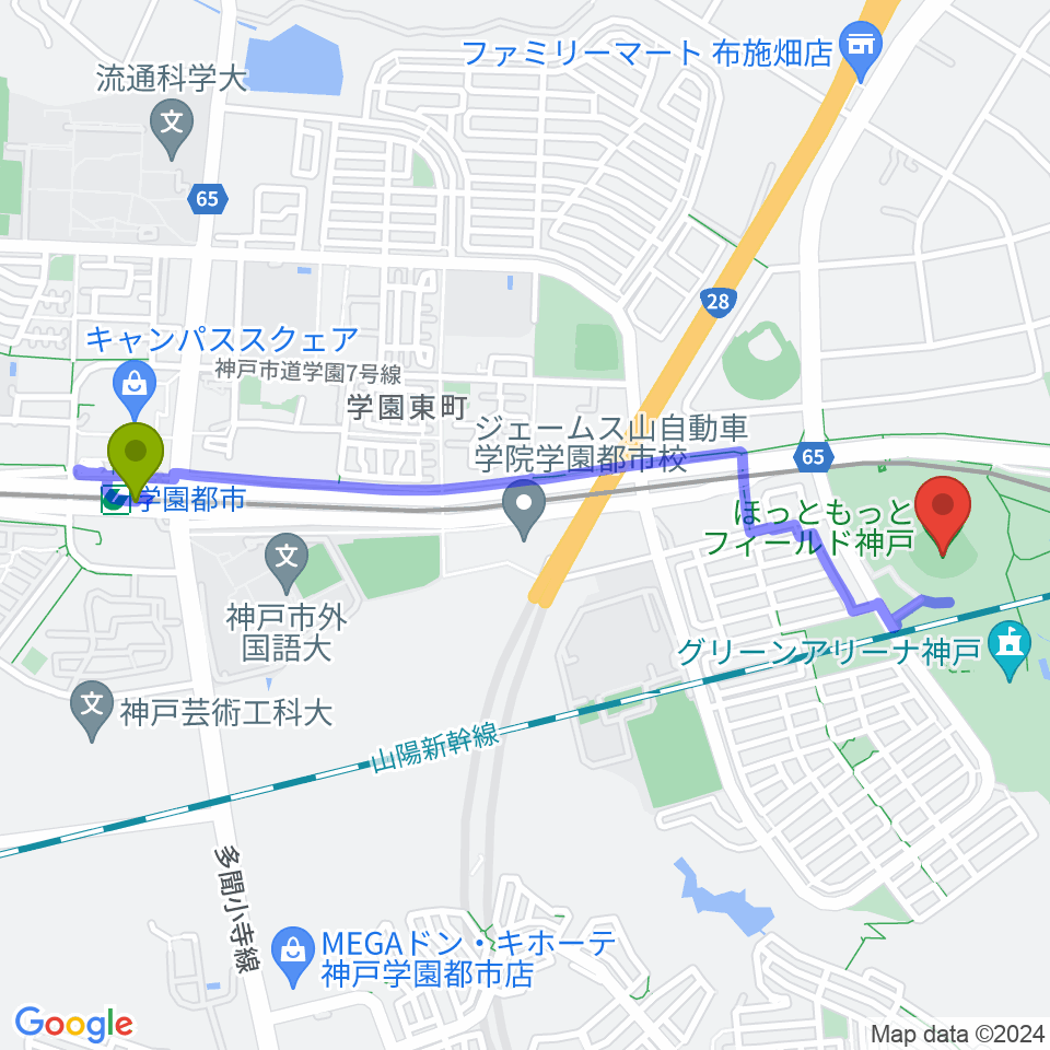 学園都市駅からほっともっとフィールド神戸へのルートマップ地図
