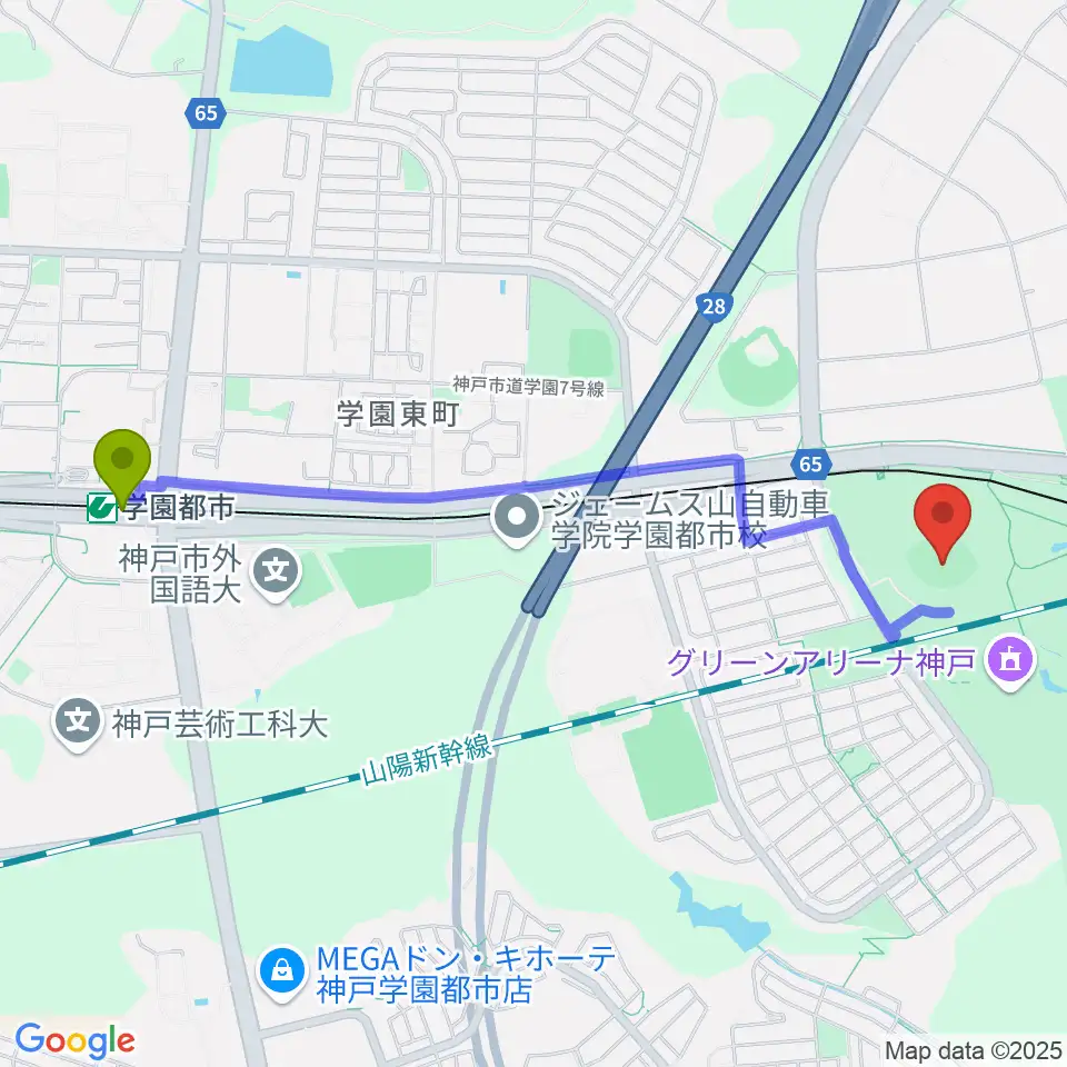 学園都市駅からほっともっとフィールド神戸へのルートマップ地図