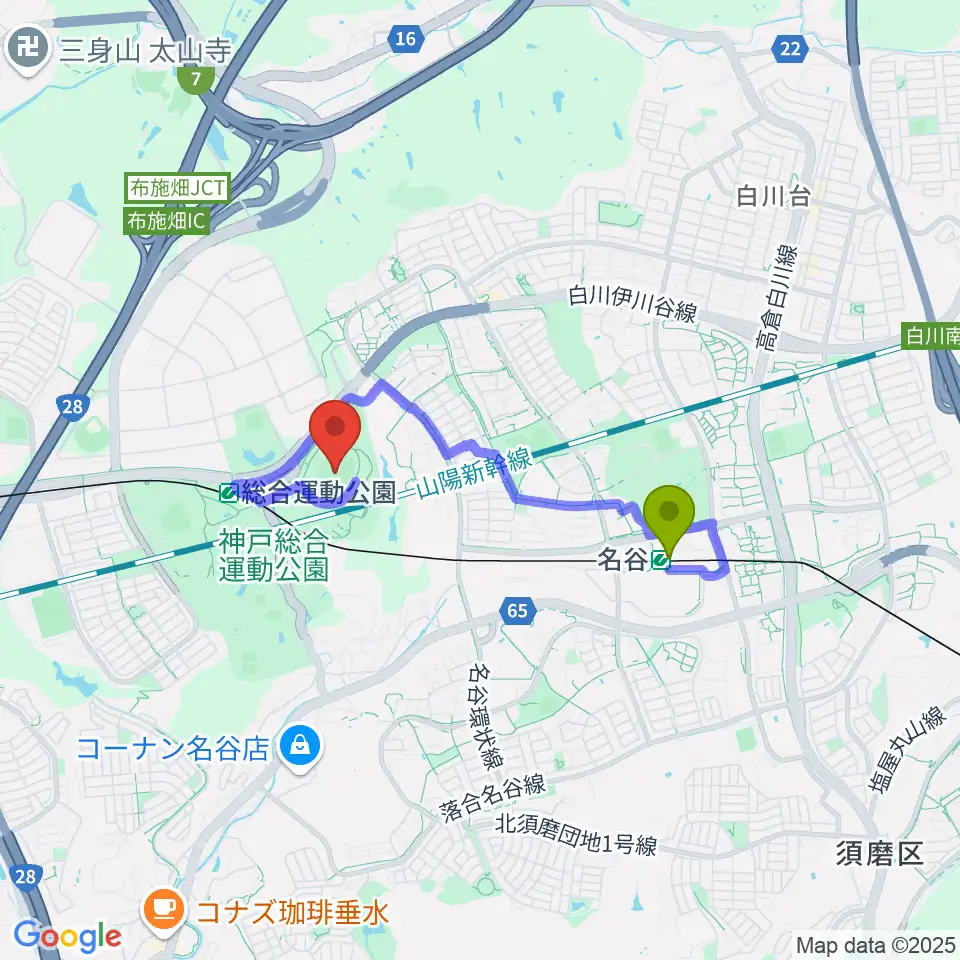 名谷駅から神戸総合運動公園ユニバー記念競技場へのルートマップ地図