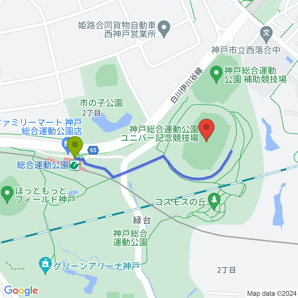 神戸総合運動公園ユニバー記念競技場の最寄駅総合運動公園駅からの徒歩ルート（約7分）地図