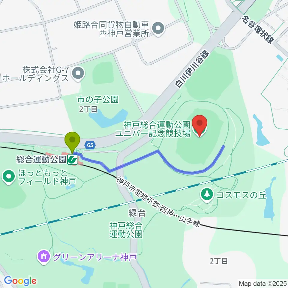 神戸総合運動公園ユニバー記念競技場の最寄駅総合運動公園駅からの徒歩ルート（約7分）地図