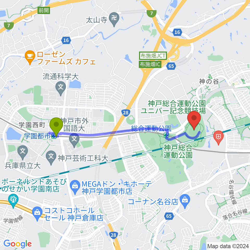 学園都市駅から神戸総合運動公園ユニバー記念競技場へのルートマップ地図