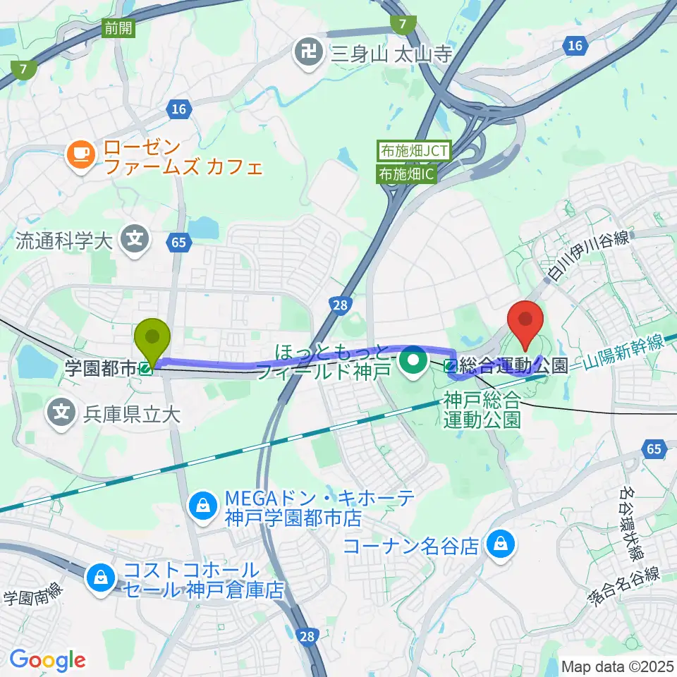 学園都市駅から神戸総合運動公園ユニバー記念競技場へのルートマップ地図