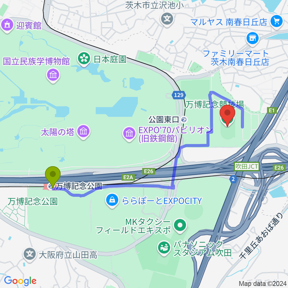 万博記念公園駅から万博記念競技場へのルートマップ地図
