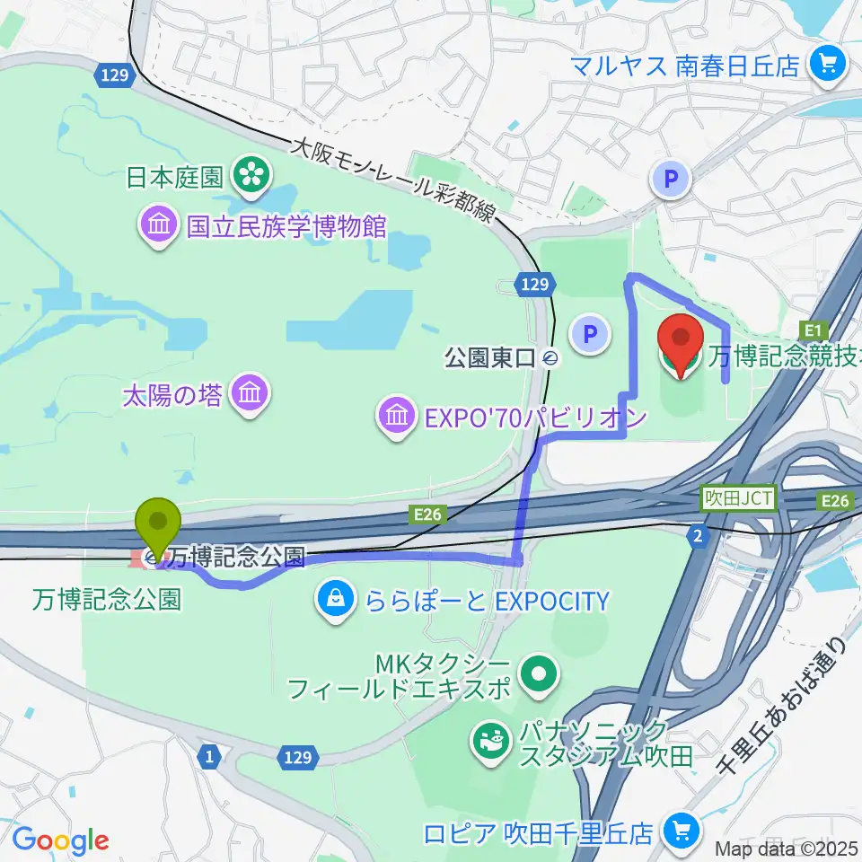 万博記念公園駅から万博記念競技場へのルートマップ地図