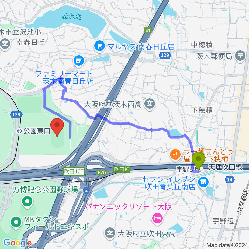 宇野辺駅から万博記念競技場へのルートマップ Mdata