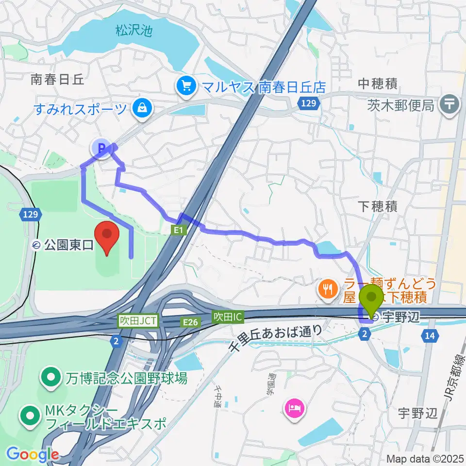 宇野辺駅から万博記念競技場へのルートマップ地図