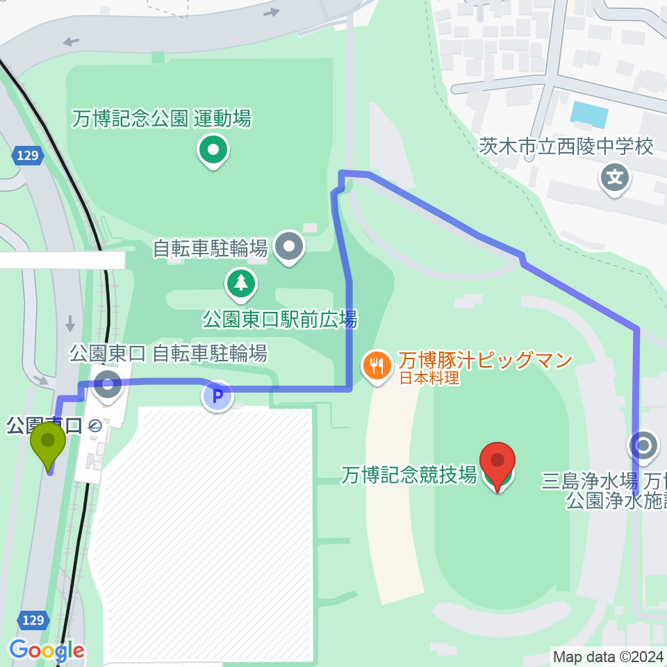 万博記念競技場の最寄駅公園東口駅からの徒歩ルート（約5分）地図