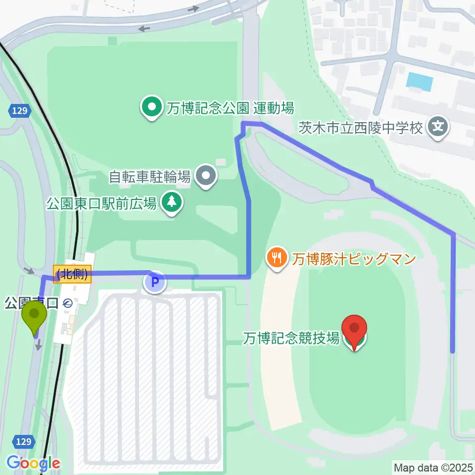 万博記念競技場の最寄駅公園東口駅からの徒歩ルート（約5分）地図