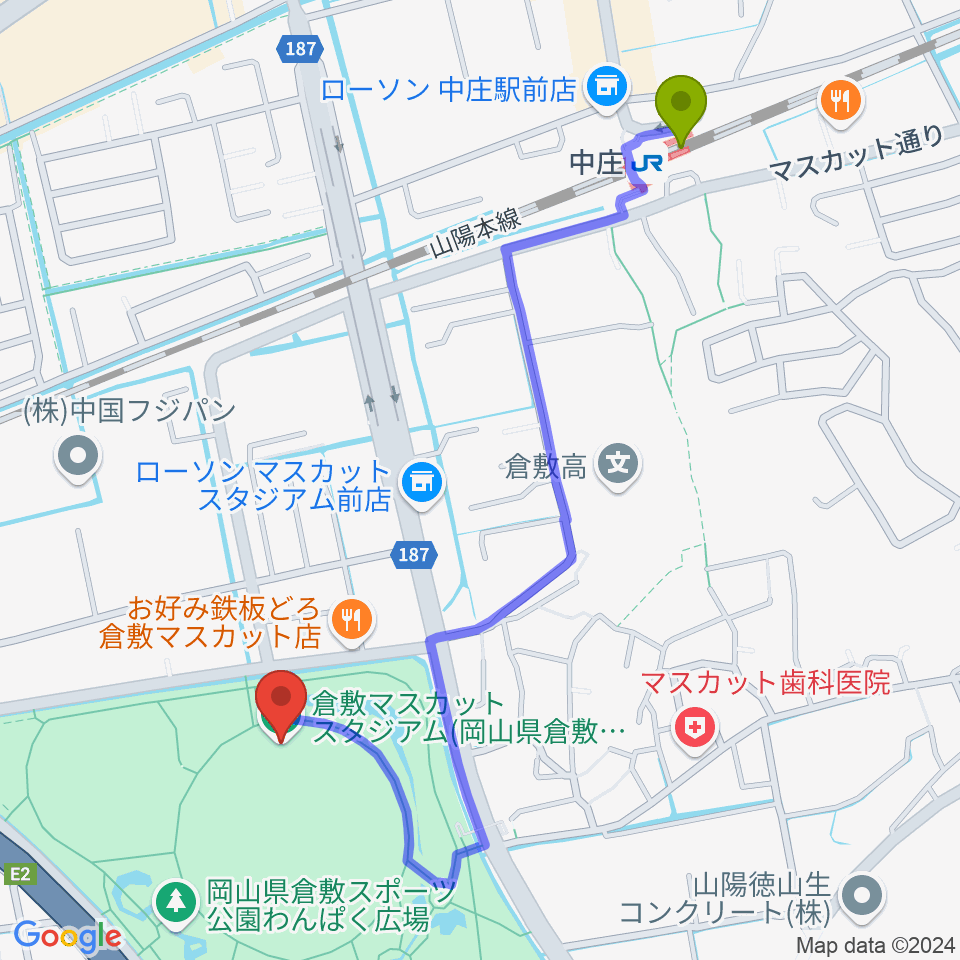 倉敷マスカットスタジアムの最寄駅中庄駅からの徒歩ルート（約12分）地図