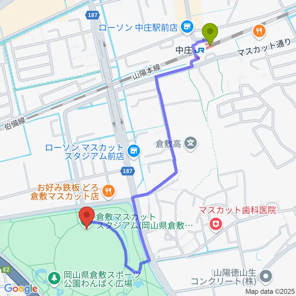 倉敷マスカットスタジアムの最寄駅中庄駅からの徒歩ルート（約12分）地図