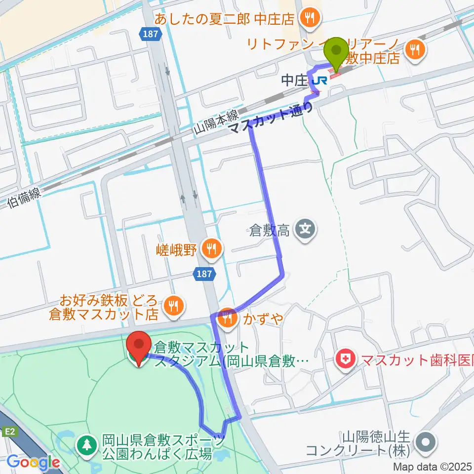 倉敷マスカットスタジアムの最寄駅中庄駅からの徒歩ルート（約12分）地図
