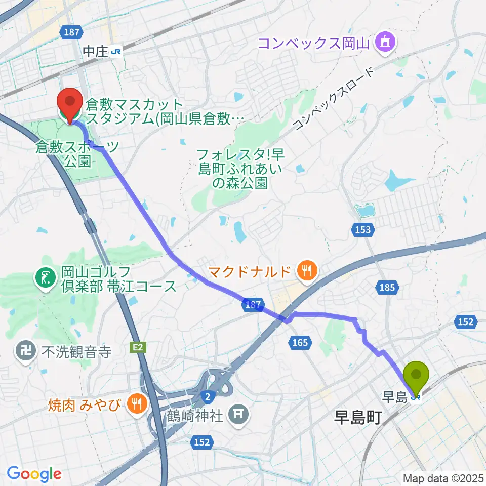 早島駅から倉敷マスカットスタジアムへのルートマップ地図