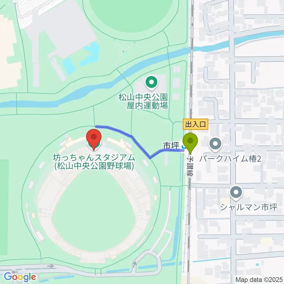 坊っちゃんスタジアムの最寄駅市坪駅からの徒歩ルート（約3分）地図