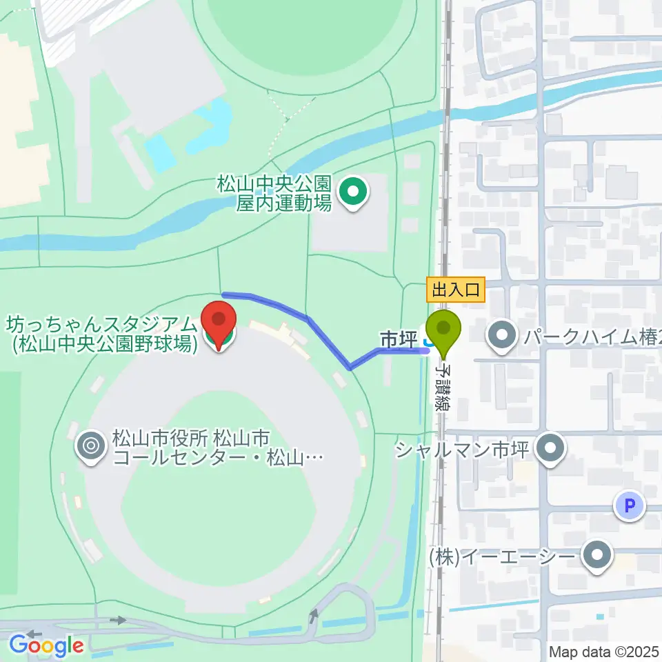 坊っちゃんスタジアムの最寄駅市坪駅からの徒歩ルート（約3分）地図