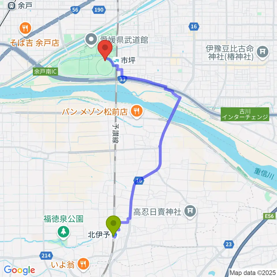 北伊予駅から坊っちゃんスタジアムへのルートマップ地図