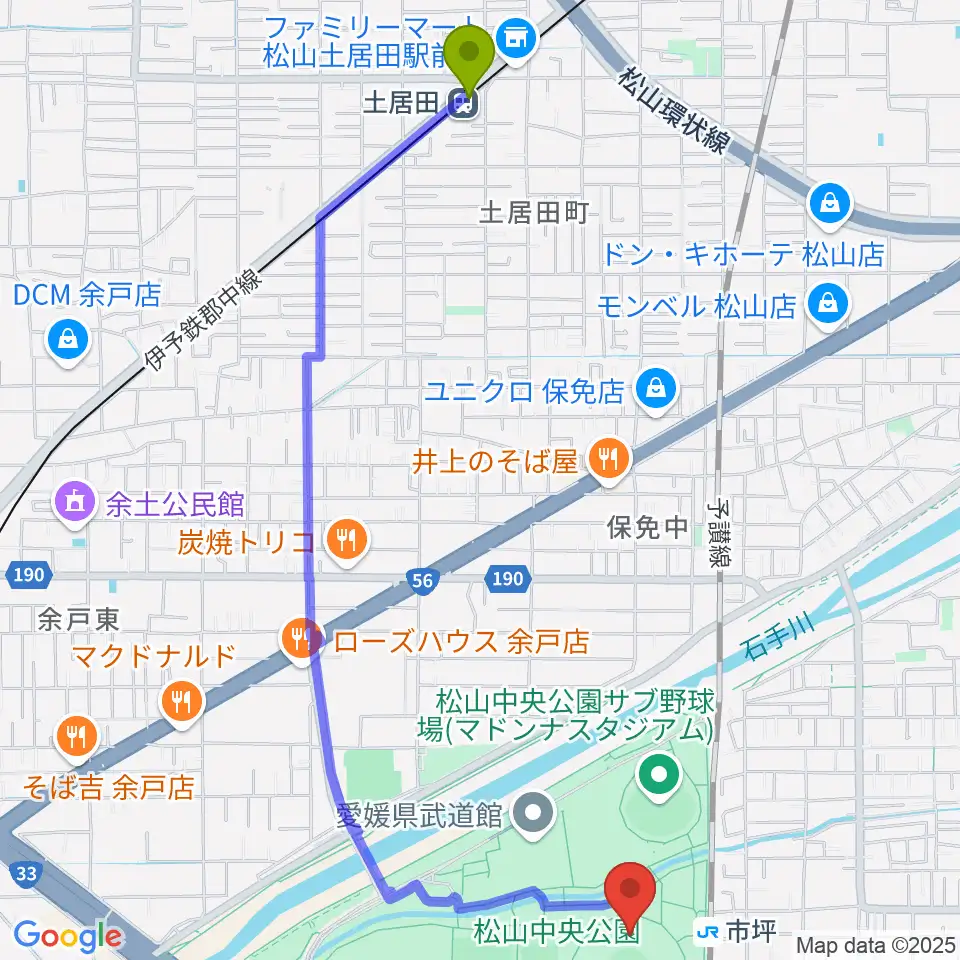 土居田駅から坊っちゃんスタジアムへのルートマップ地図